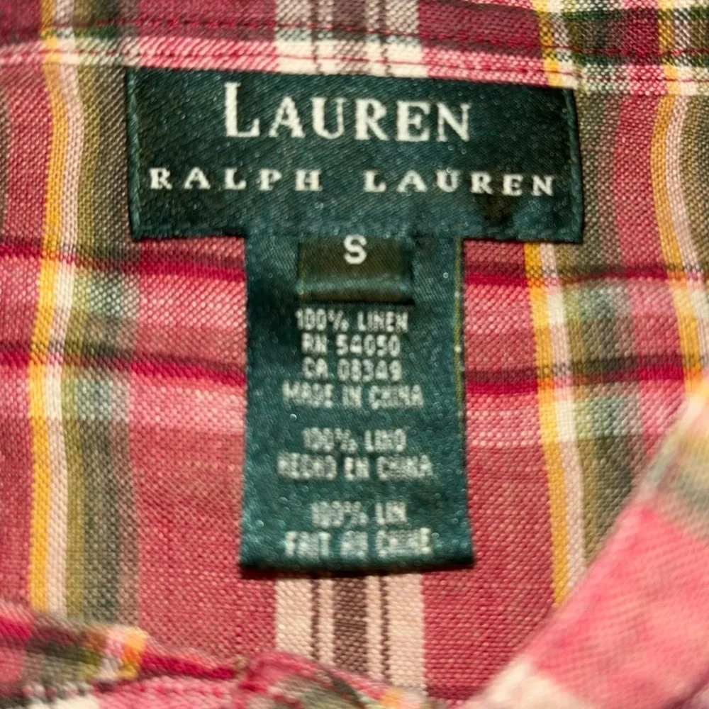 Lauren Ralph Lauren 100% Linen Plaid Collarless Button Down Blouse Women’s S